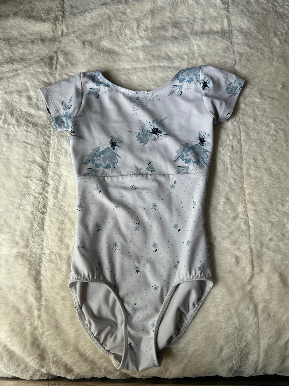Eleve Kids Dancewear White and Light Blue Floral One-Piece Leotard